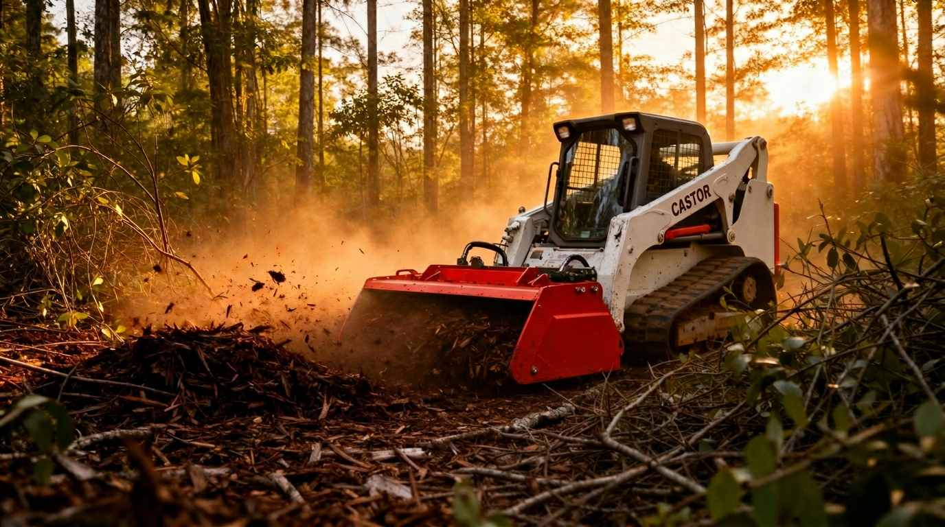Forestry mulcher clearing dense underbrush at golden hour